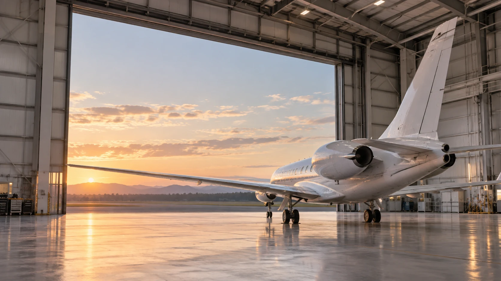 Conceptual aircraft inside a hangar at sunset