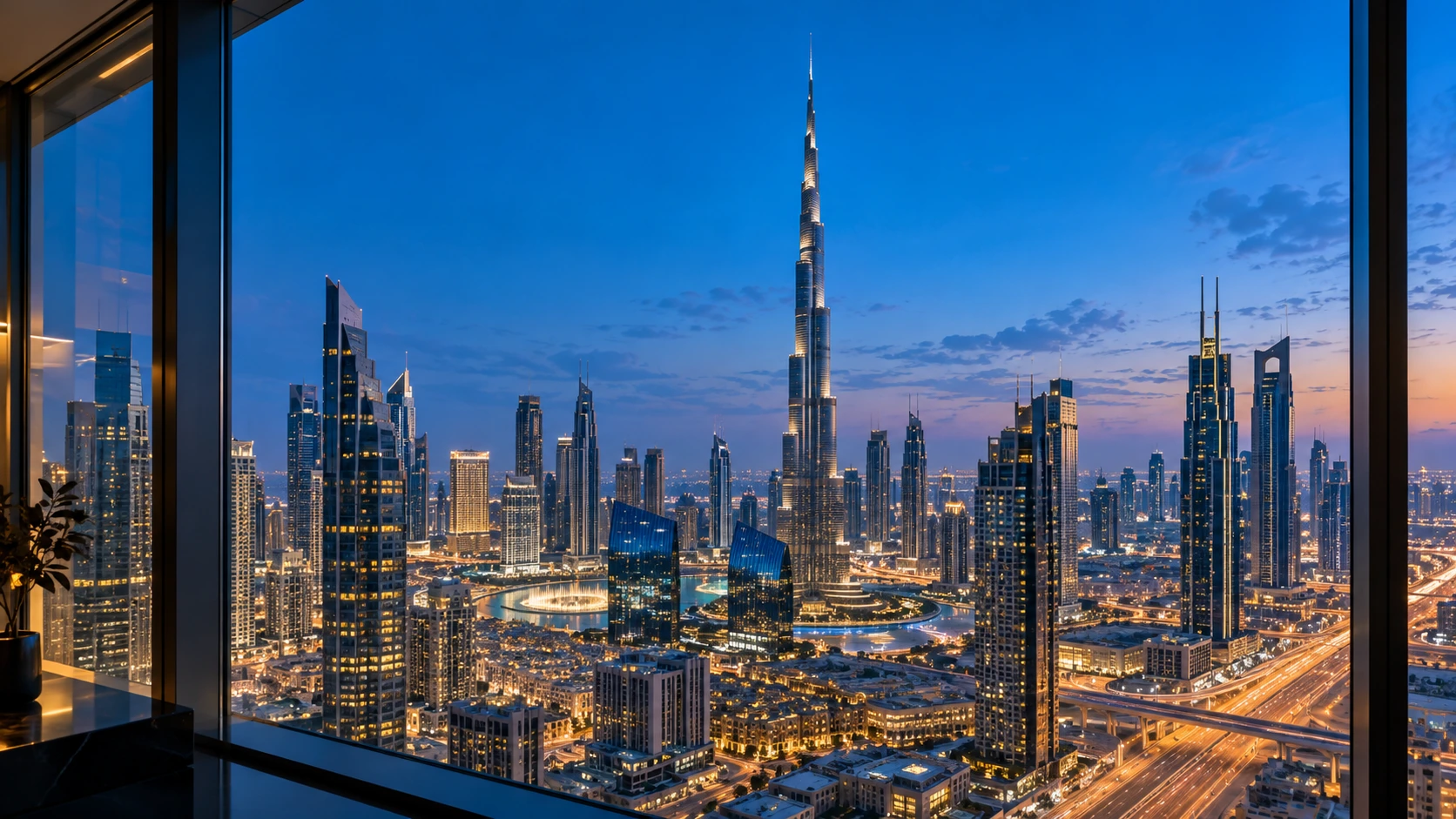 Conceptual Dubai business skyline at blue hour